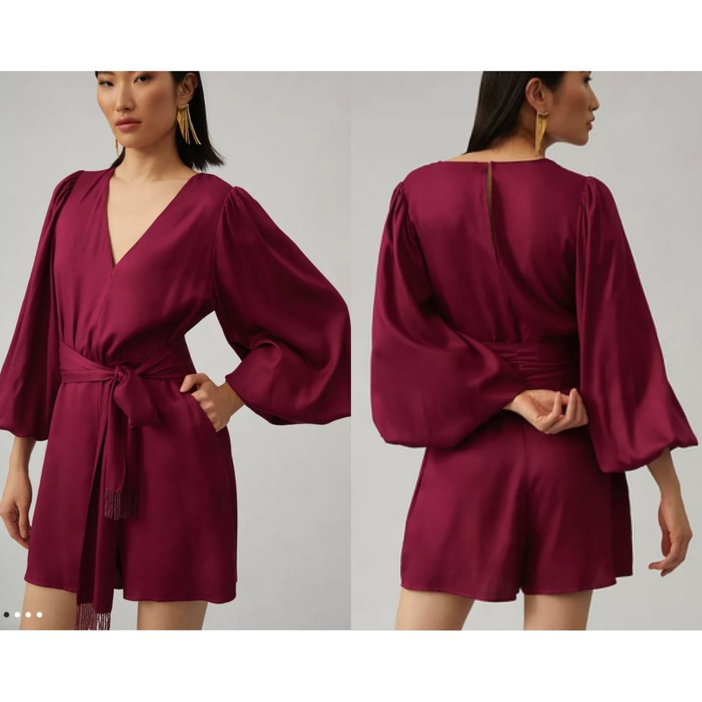 NWT Farm Rio Anthropologie Bell-Sleeve Beaded Belt Plum Romper Size Small